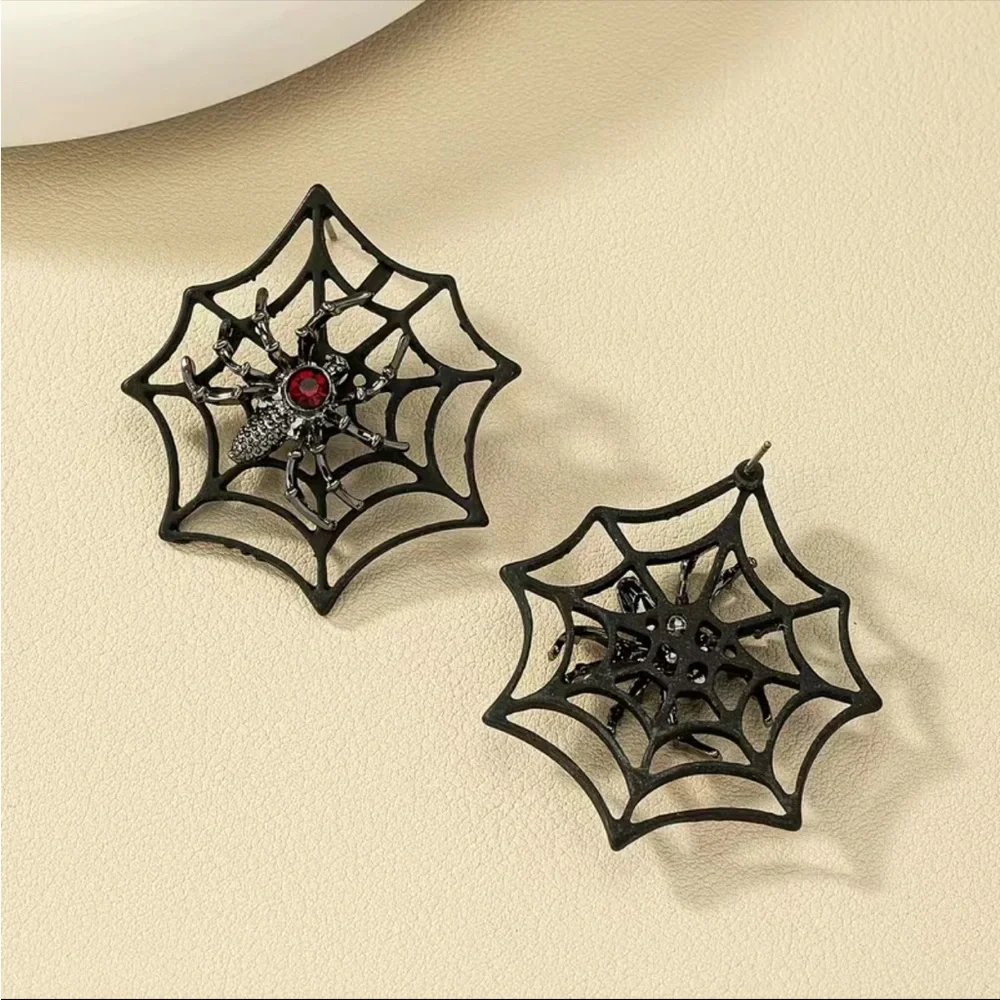 Gorgeous Retro Gothic Spider Web Stud Earrings with Ruby Color Decor Faux Fashio